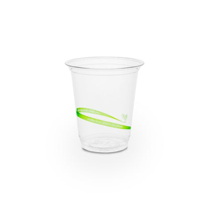 A clear plastic cup with a green wave design.