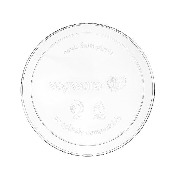 A clear plant-based lid with the text "made from plants" and the Vegware logo, featuring recycling symbols for BPI and PLA, indicating it is completely compostable.