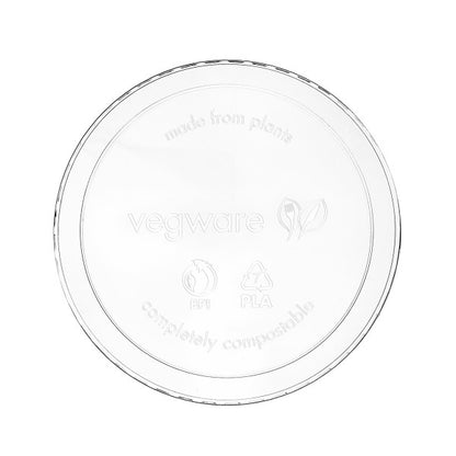 A clear plant-based lid with the text "made from plants" and the Vegware logo, featuring recycling symbols for BPI and PLA, indicating it is completely compostable.