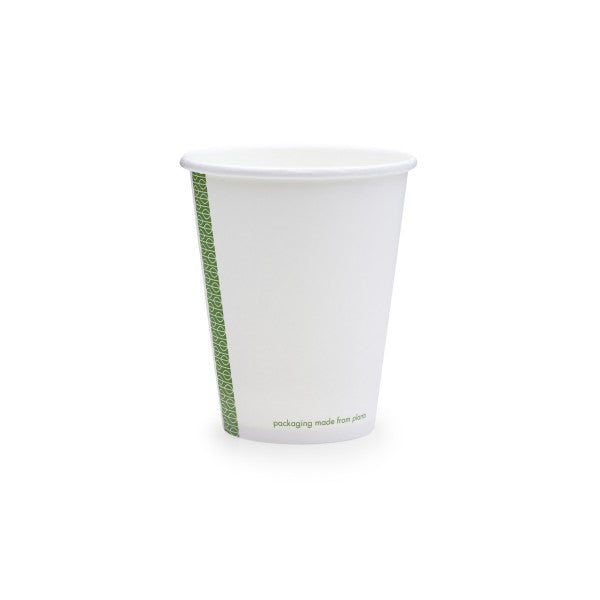 A plain white cup with a green patterned strip on one side, labeled "packaging made from plants."