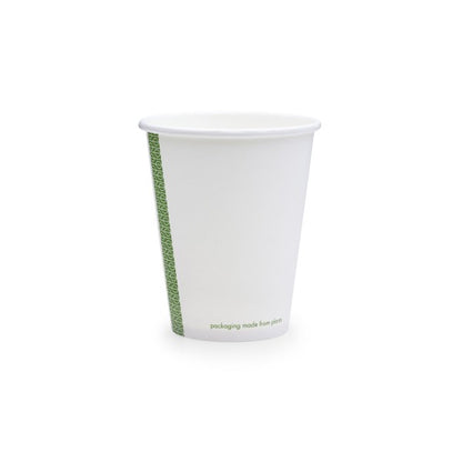 A plain white cup with a green patterned strip on one side, labeled "packaging made from plants."