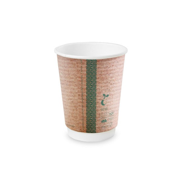 A disposable coffee cup with a textured brown paper exterior and a green design element.