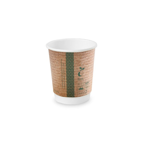 A brown disposable cup made of paper, featuring a textured design and a green stripe with text on it.