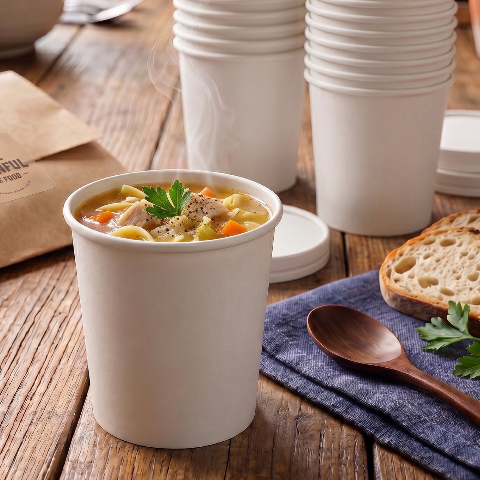 A cup of soup with vegetables and pieces of chicken, placed on a wooden table next to slices of bread and a spoon. There are stacks of empty paper cups in the background.