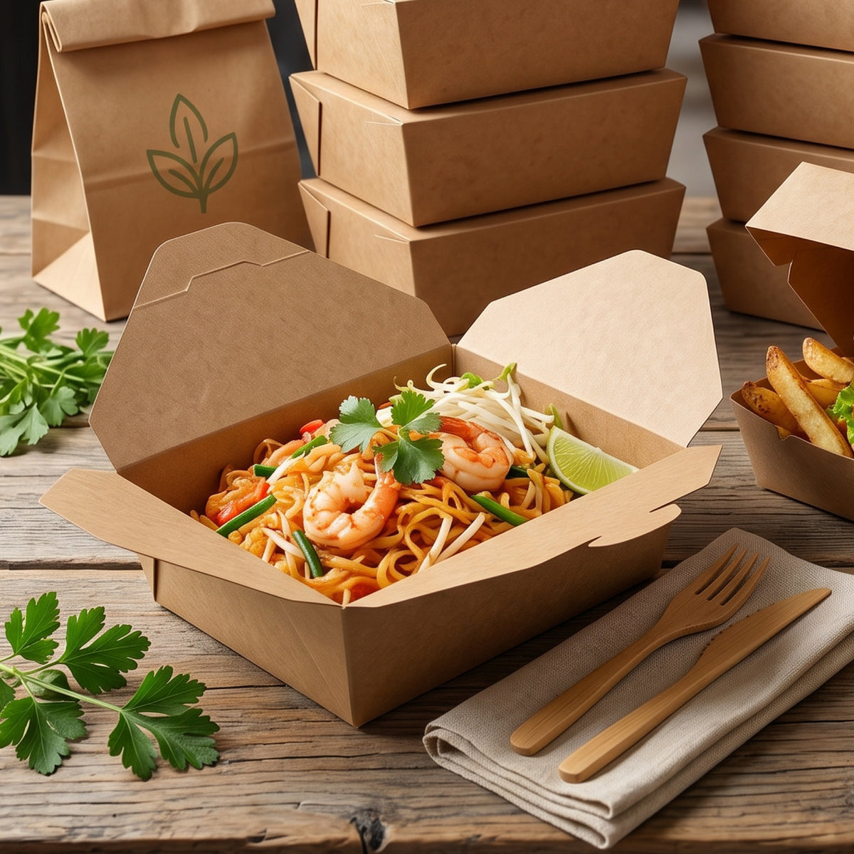 A cardboard takeout container filled with shrimp stir-fried noodles, garnished with cilantro and lime, placed on a wooden table with additional cardboard containers in the background.