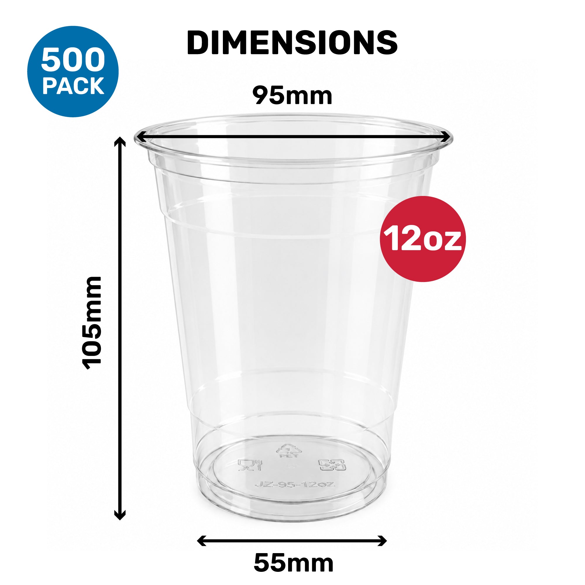 Clear plastic cup with dimensions labeled: 12oz capacity, 95mm diameter, and 105mm height, in a pack of 500.