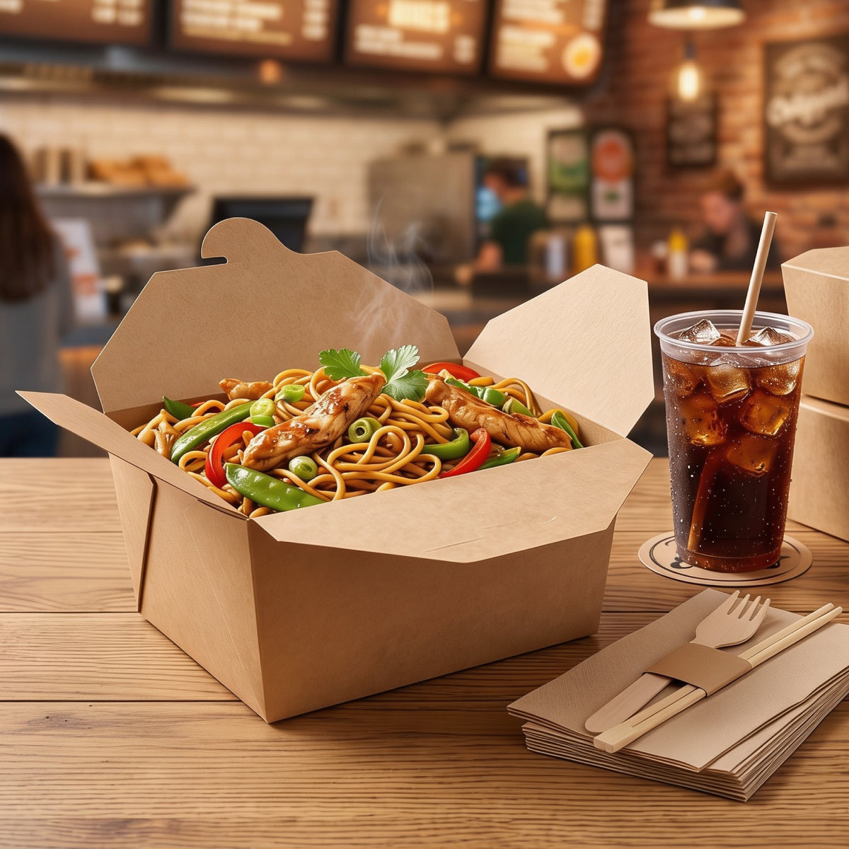 A takeout box filled with stir-fried noodles, vegetables, and chicken sits on a wooden table next to a cup of iced drink. There are utensils made of wood beside the box.