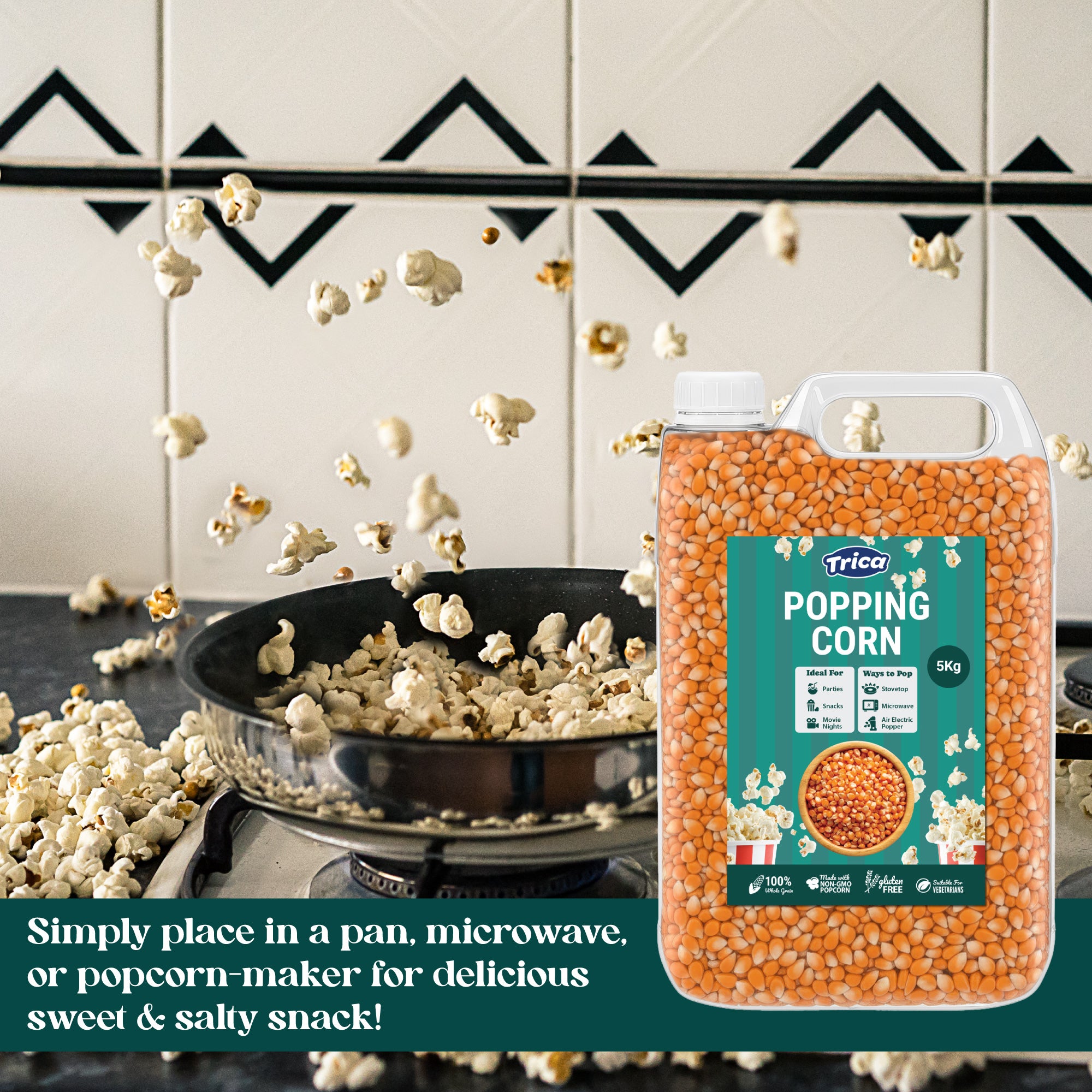 A container of popping corn with a bag filled with kernels, surrounded by flying popcorn.