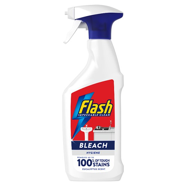White Flash bleach spray bottle with blue trigger and red label, advertising eucalyptus scent and removal of 100 tough stains.