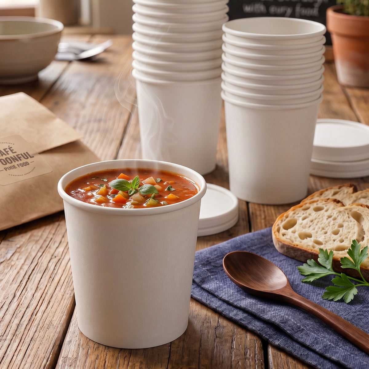 A white paper cup filled with soup, placed on a wooden table, surrounded by stacked cups, slices of bread, and a wooden spoon.