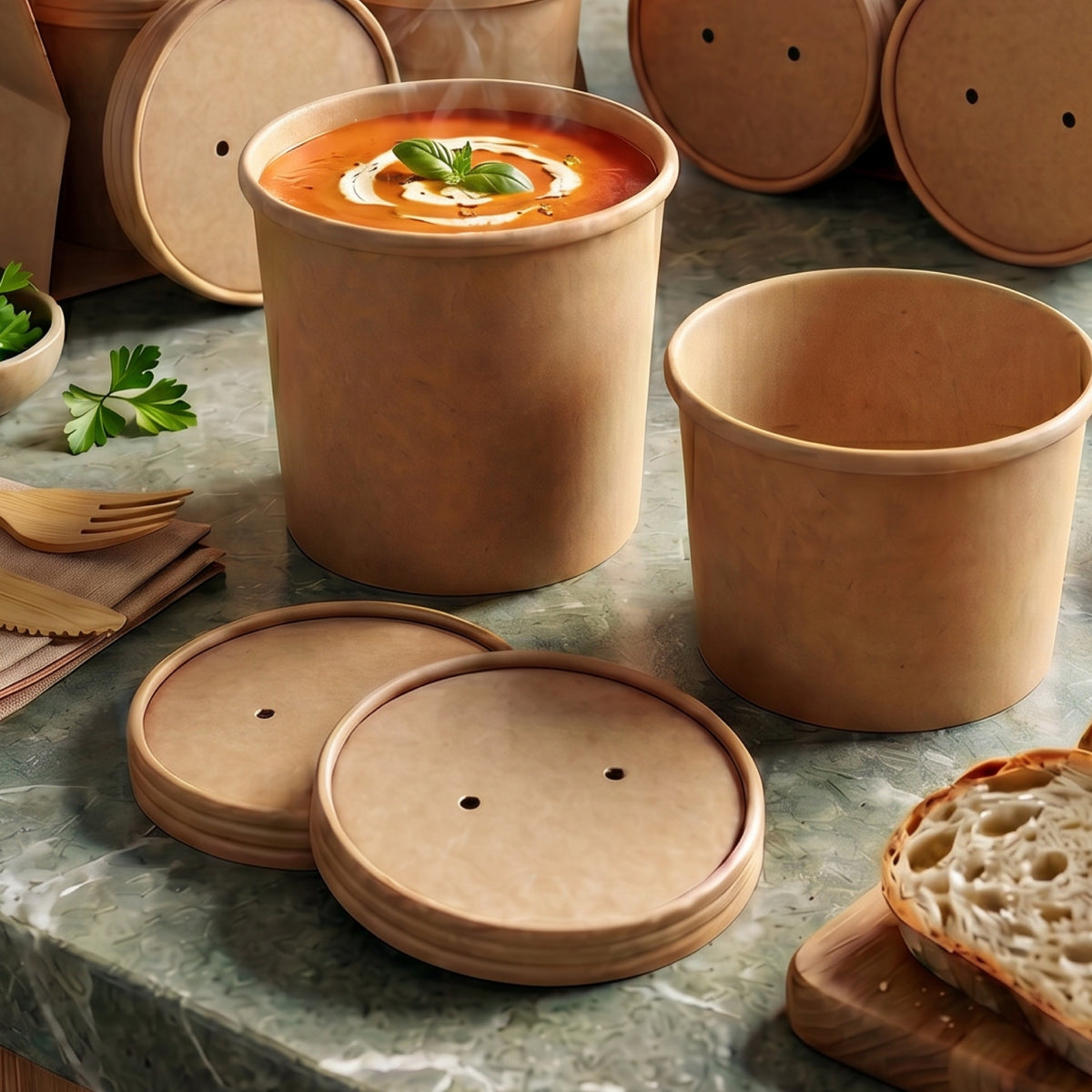 A set of brown paper containers with lids, one filled with soup garnished with a swirl of cream and a sprig of herbs, placed on a marble countertop next to slices of bread.