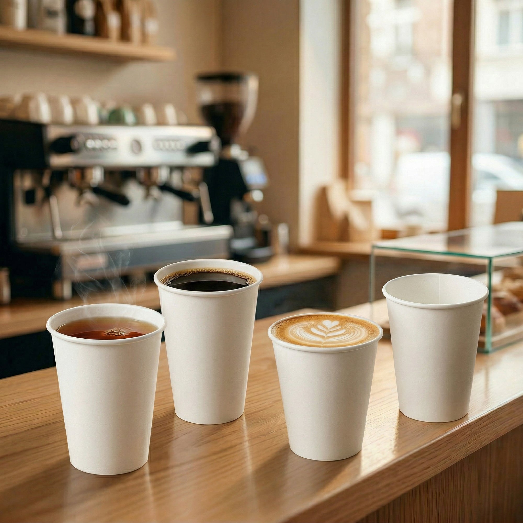 Four paper cups with various hot drinks sit on a wooden counter in a cozy café, with an espresso machine and a window in the background.