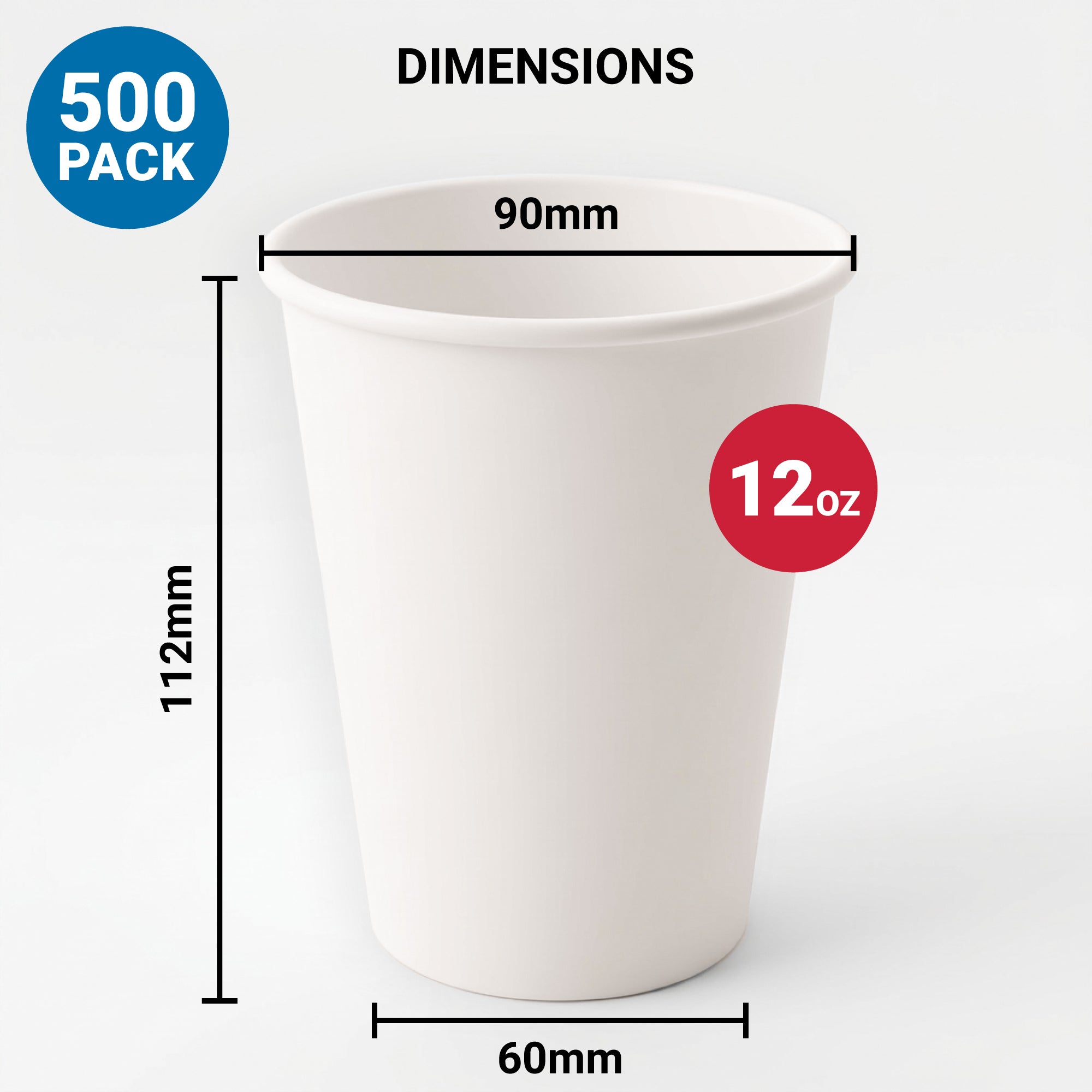 Image of a white paper cup with dimensions: 90mm top diameter, 60mm bottom diameter, 112mm height. It holds 12 oz and is sold in a 500 pack