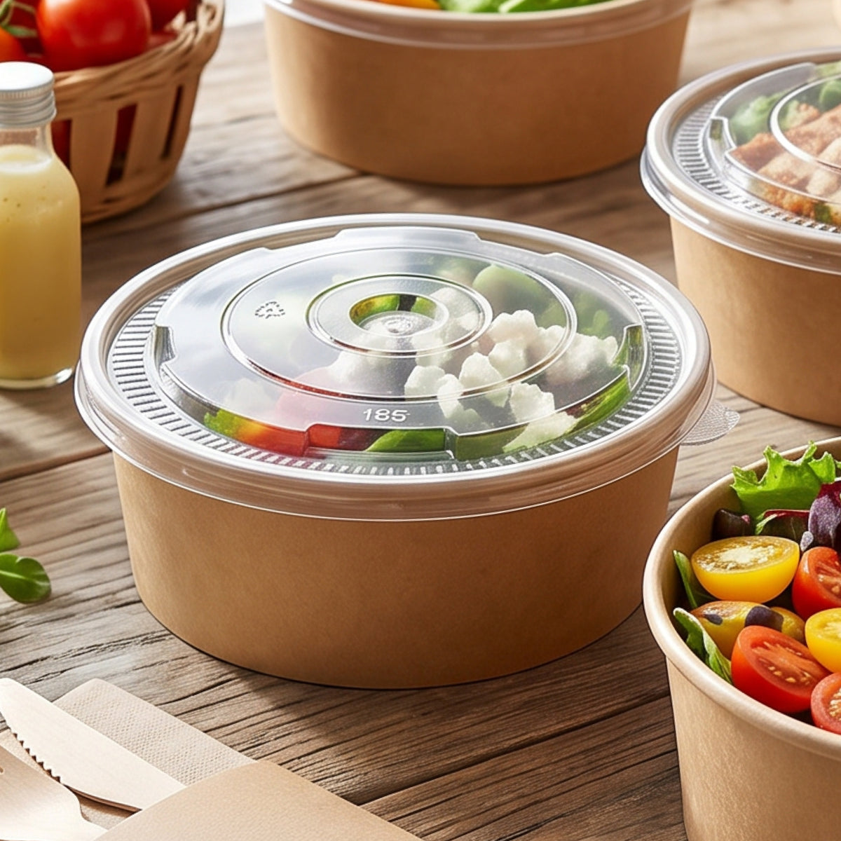 A clear plastic lid on top of a brown cardboard salad container, with colorful vegetables visible inside. Other salad bowls and a bottle of dressing are in the background on a wooden table.