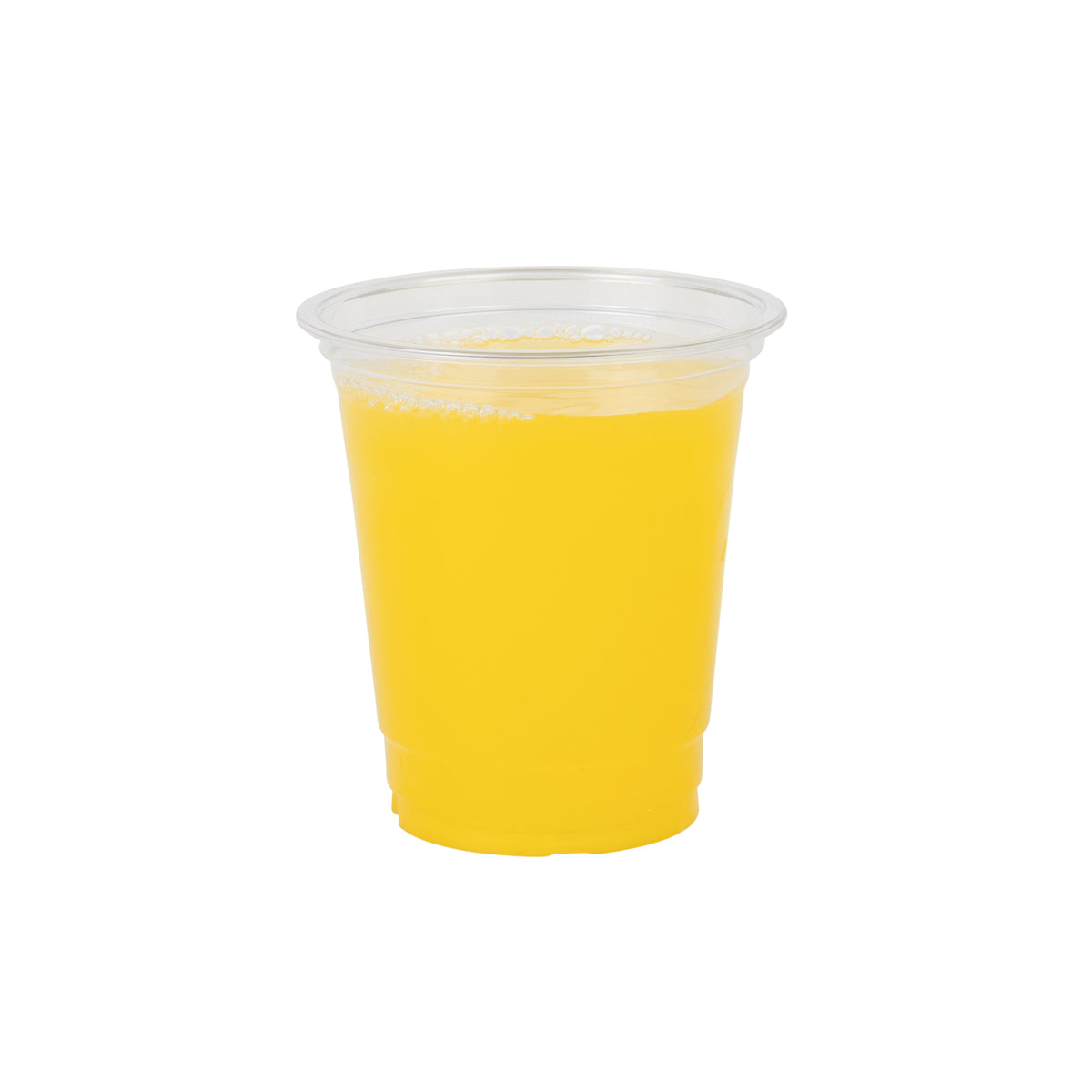 A clear plastic cup filled with bright yellow juice, centered on a white background; its simple presentation feels clean and refreshing.