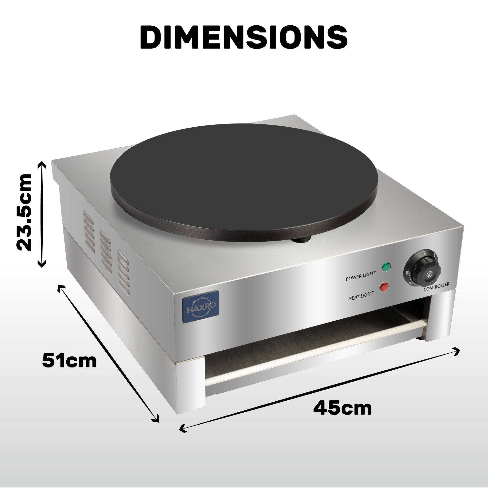 Haxro crepe maker with labeled dimensions: 23.5 cm height, 51 cm depth, and 45 cm width.