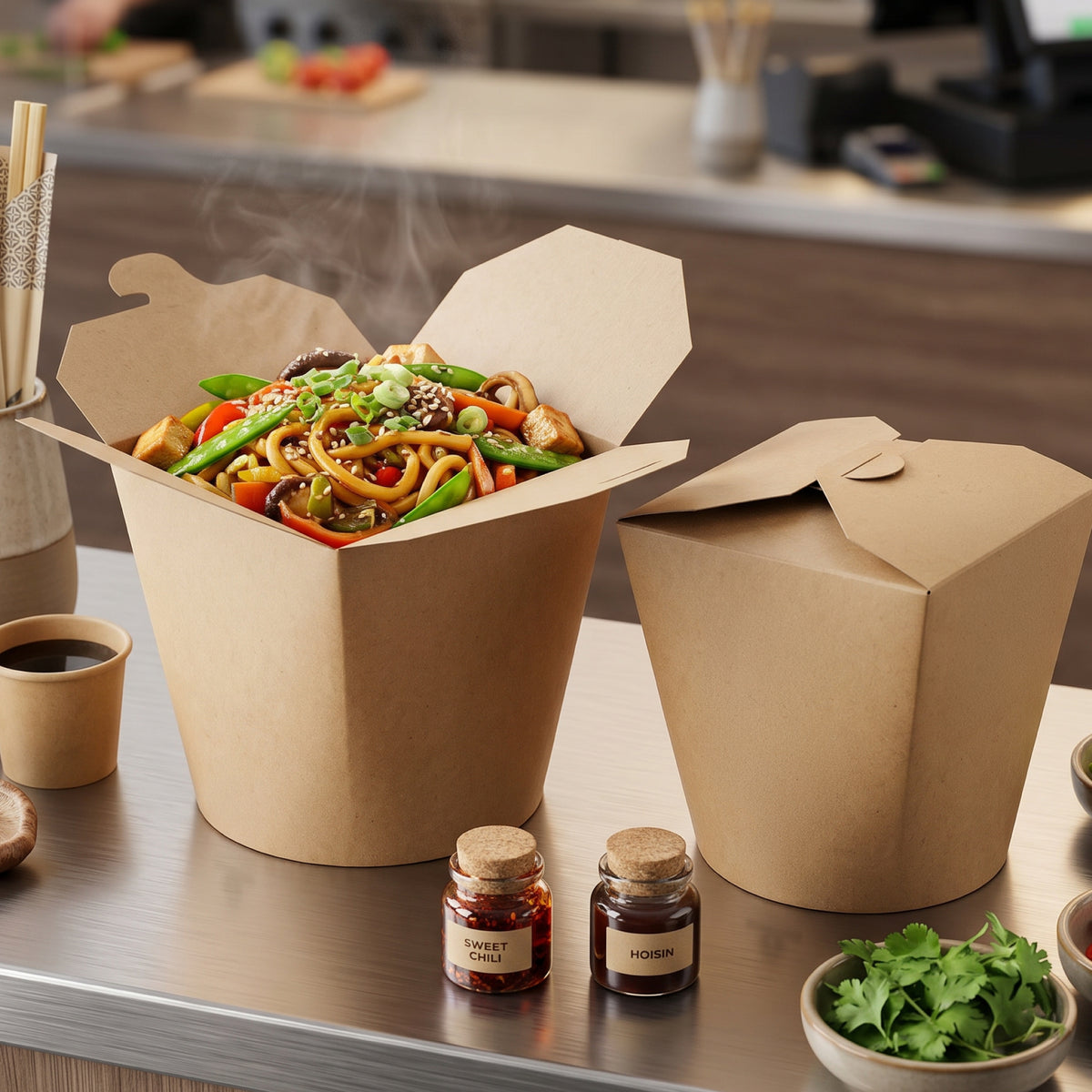 A large takeout container filled with stir-fried noodles and vegetables, steam rising from it, next to a smaller takeout container, soy sauce, and small jars of sweet and spicy sauces, with some fresh cilantro.
