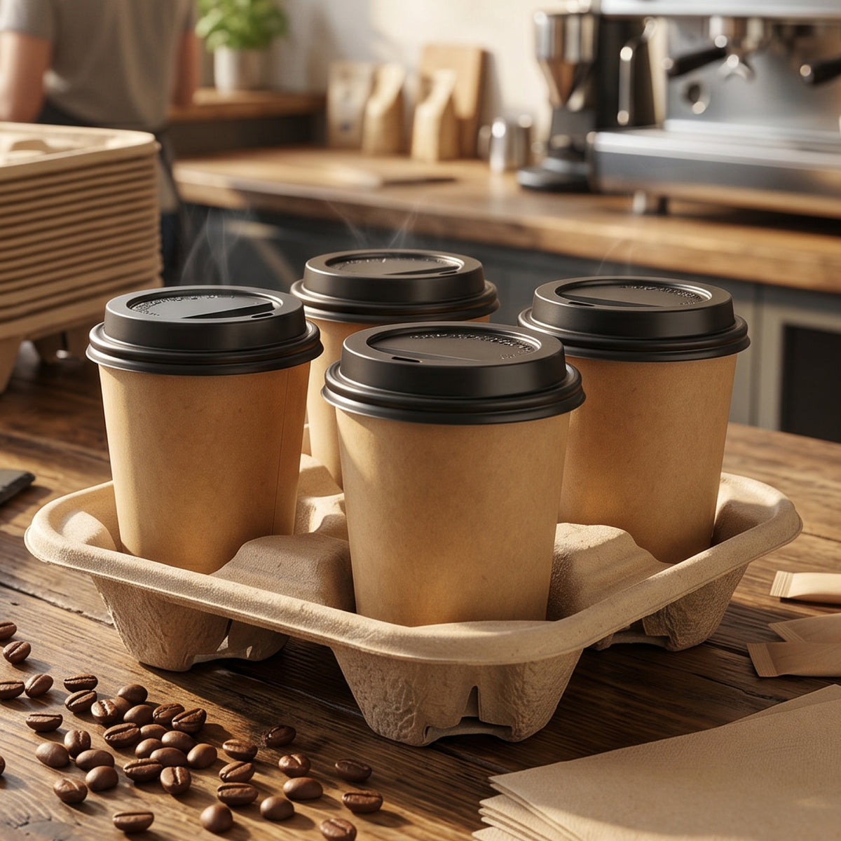 A tray holding four brown takeout coffee cups with black lids, placed on a wooden counter with coffee beans scattered around.