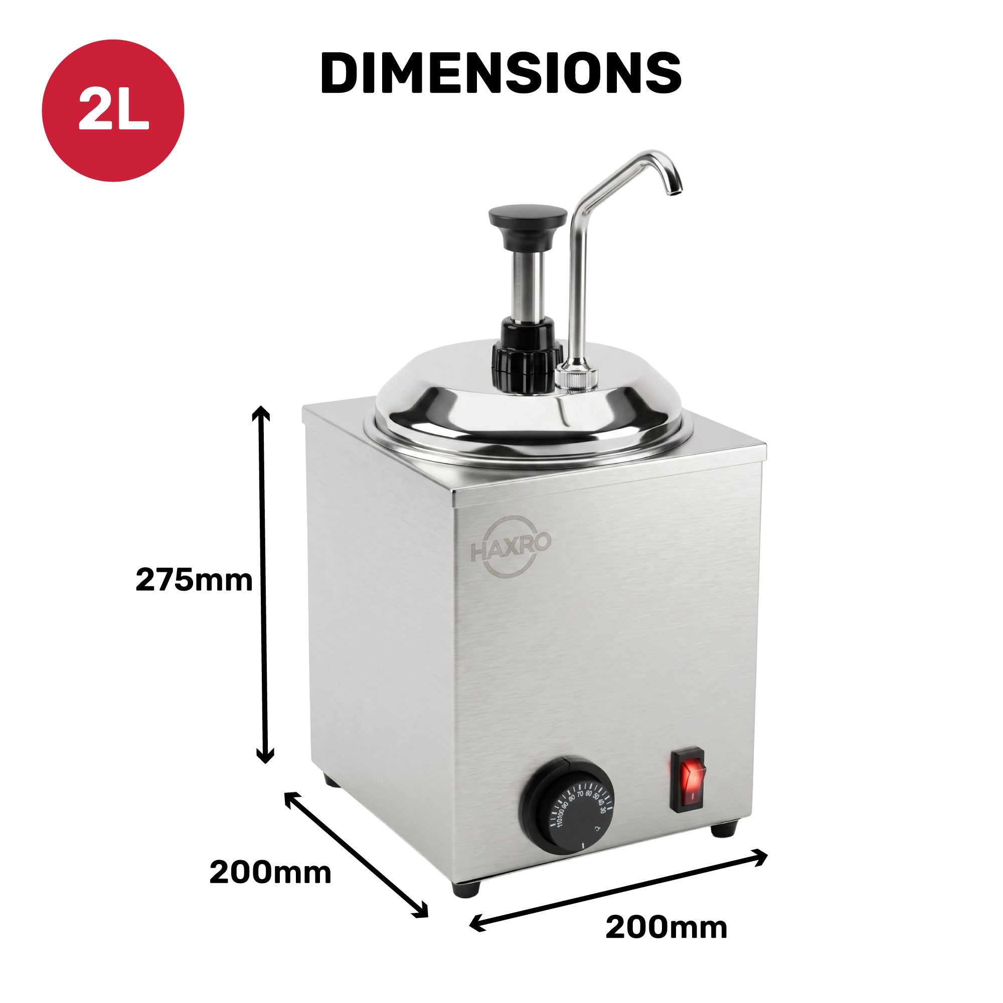 Stainless steel food warmer with a lid and spout, dimensions 275mm height, 200mm width, 200mm depth, 2L capacity.