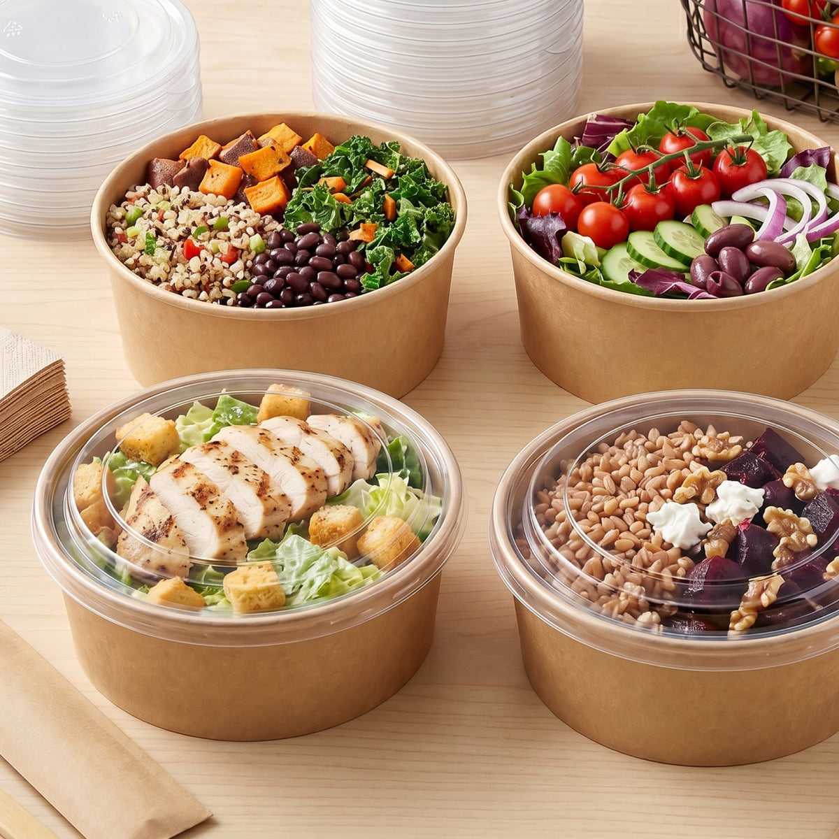 Four bowls of salad and grains featuring various ingredients like chicken, vegetables, and quinoa, placed on a wooden surface.